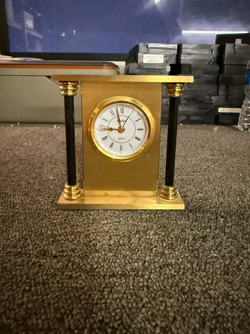 Vintage Neiman Marcus Quartz Desk Clock with Brass and Black Column Accents